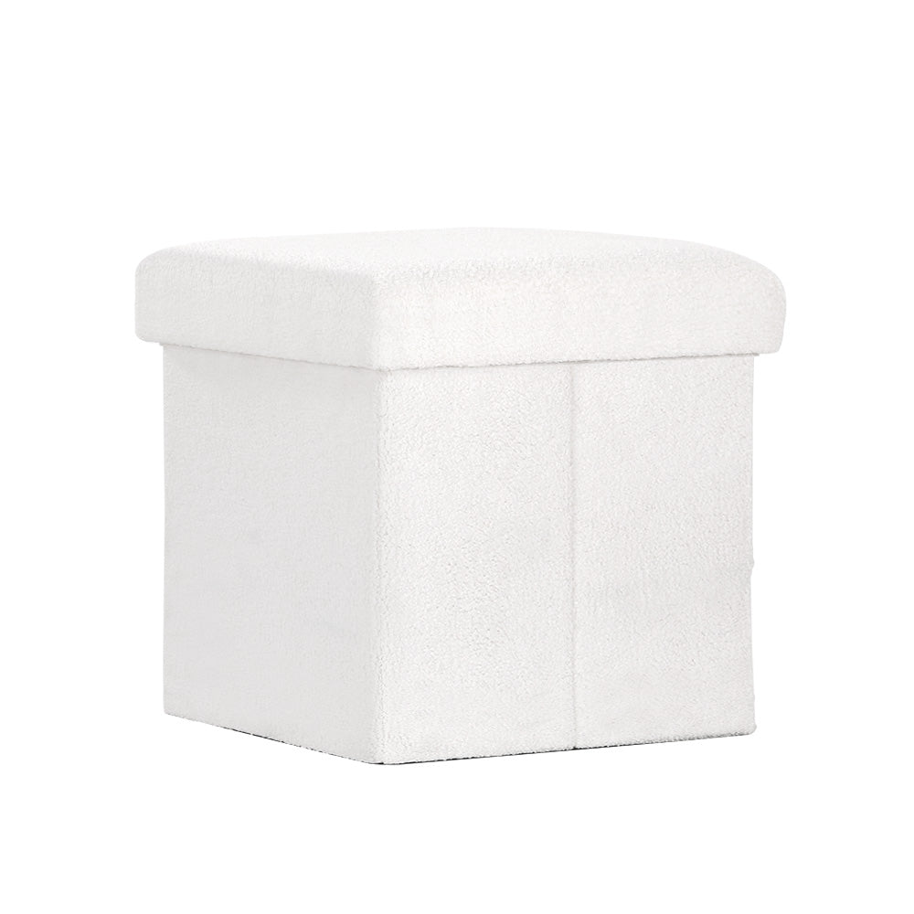 Artiss Square Foot Stool Teddy Fabric Storage Ottoman Footrest Padded Seat White-0