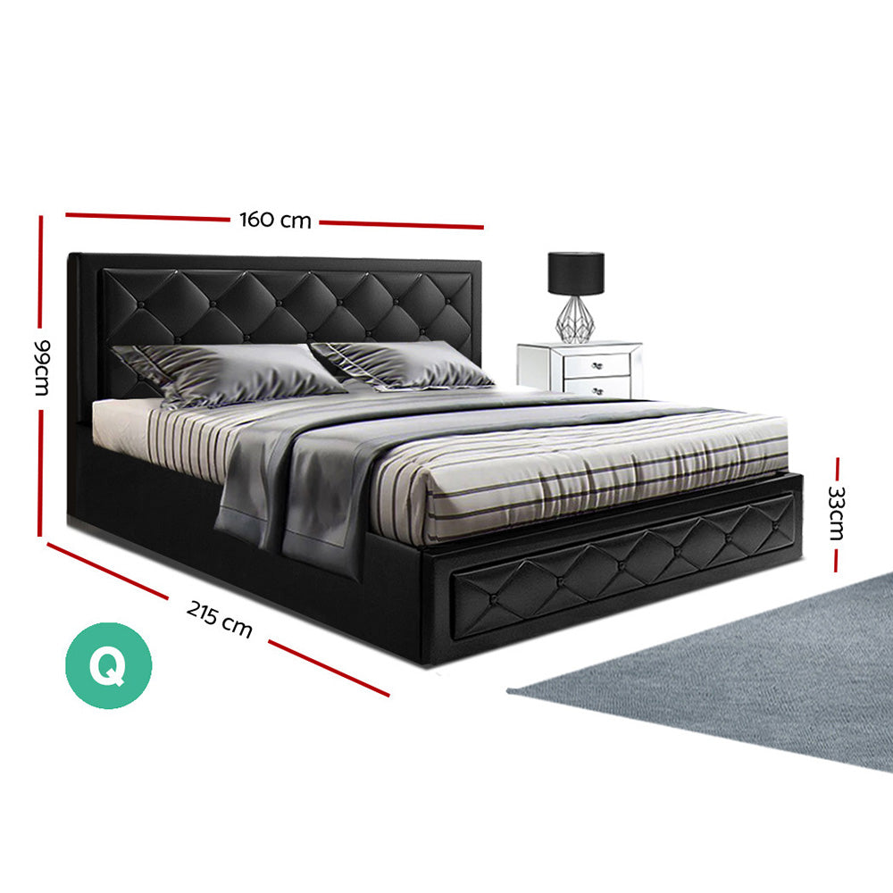 Artiss Tiyo Bed Frame PU Leather Gas Lift Storage - Black Queen-1