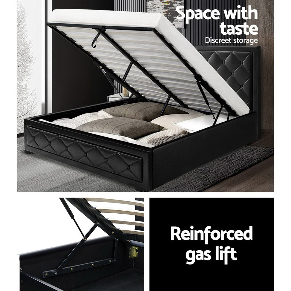 Artiss Tiyo Bed Frame PU Leather Gas Lift Storage - Black Queen-4