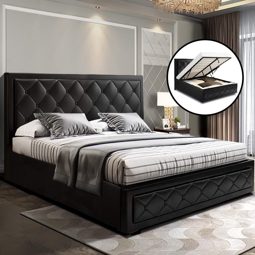 Artiss Tiyo Bed Frame PU Leather Gas Lift Storage - Black Queen-7