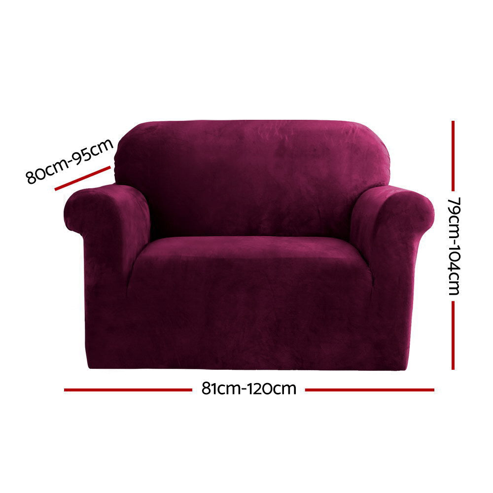 Artiss Velvet Sofa Cover Plush Couch Cover Lounge Slipcover 1 Seater Ruby Red-1