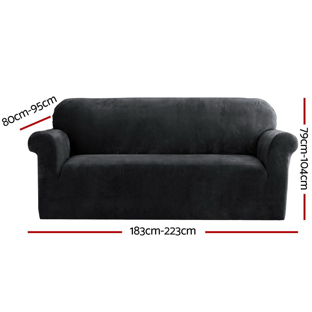 Artiss Velvet Sofa Cover Plush Couch Cover Lounge Slipcover 3 Seater Black-1