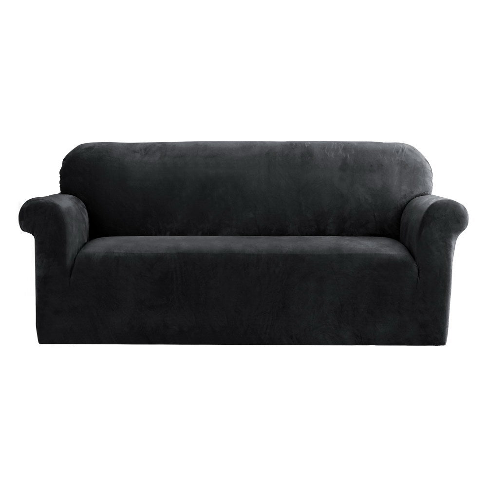 Artiss Velvet Sofa Cover Plush Couch Cover Lounge Slipcover 3 Seater Black-0