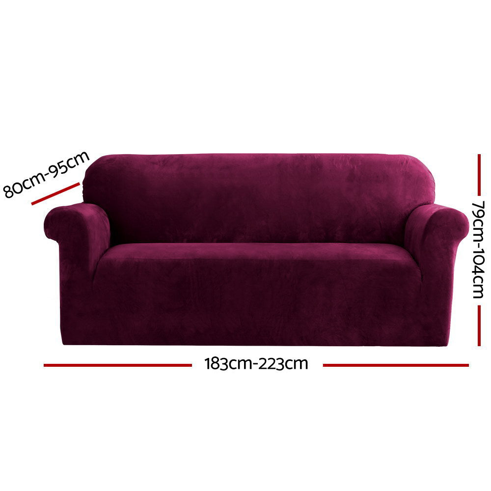 Artiss Velvet Sofa Cover Plush Couch Cover Lounge Slipcover 3 Seater Ruby Red-1