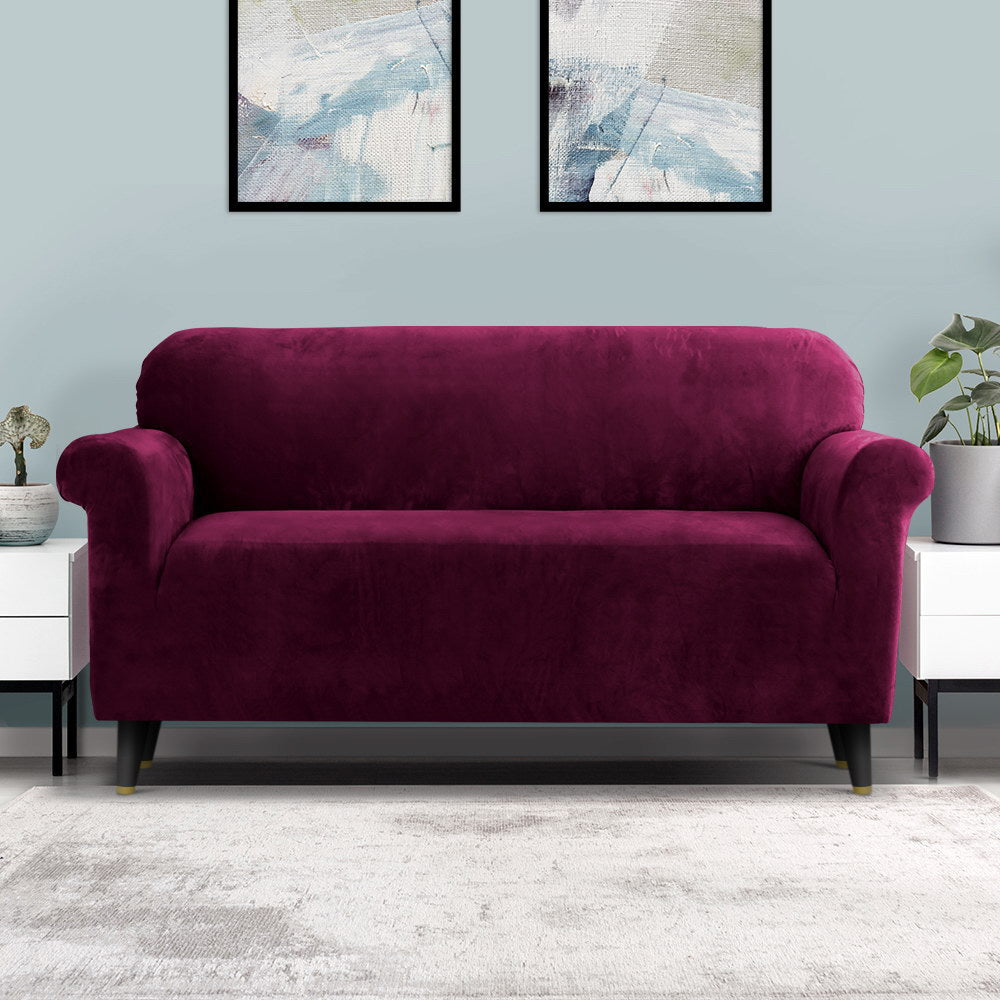 Artiss Velvet Sofa Cover Plush Couch Cover Lounge Slipcover 3 Seater Ruby Red-7