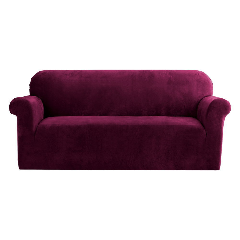 Artiss Velvet Sofa Cover Plush Couch Cover Lounge Slipcover 3 Seater Ruby Red-0