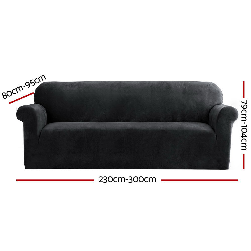 Artiss Velvet Sofa Cover Plush Couch Cover Lounge Slipcover 4 Seater Black-1