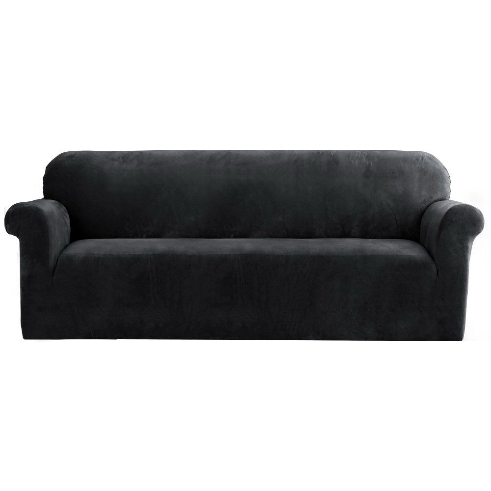 Artiss Velvet Sofa Cover Plush Couch Cover Lounge Slipcover 4 Seater Black-0