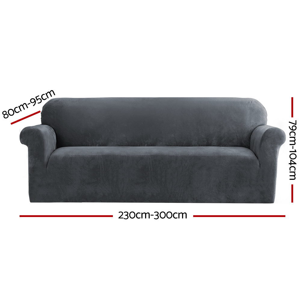 Artiss Velvet Sofa Cover Plush Couch Cover Lounge Slipcover 4 Seater Grey-1