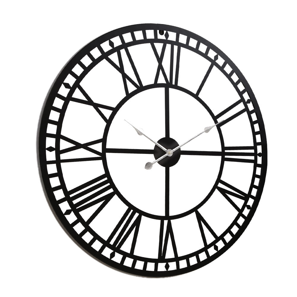 Artiss Wall Clock 60CM Large Roman Numerals Round Metal Luxury Wall Clocks Home Decor Black-2