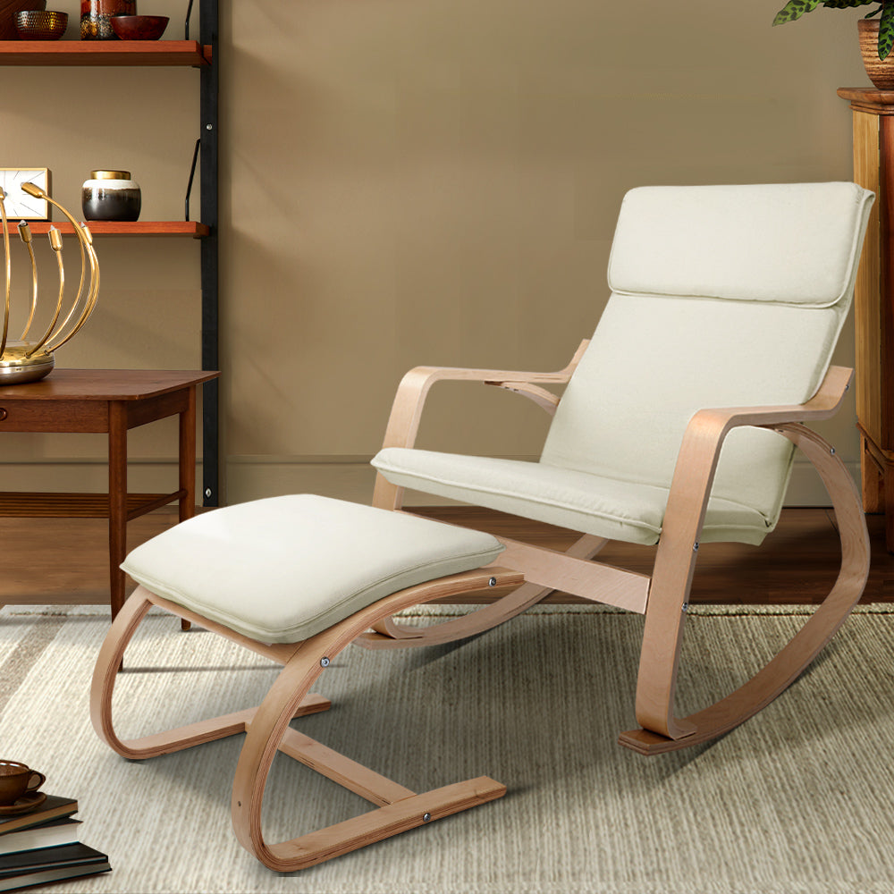 Artiss Wooden Armchair with Foot Stool - Beige-7