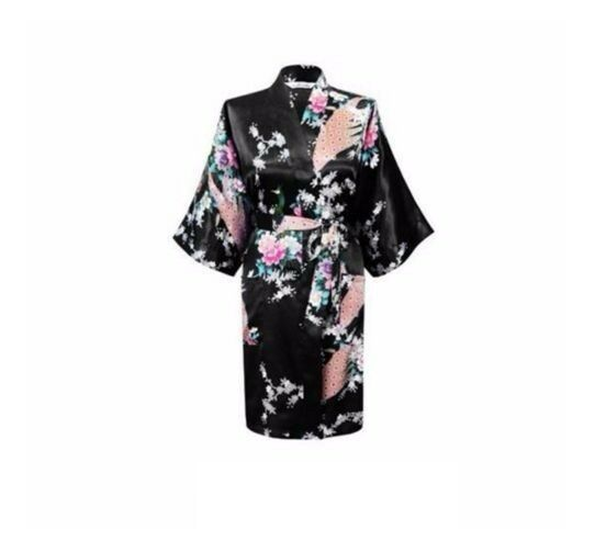 Bride Bridesmaid Gown Robe Satin Long Floral Kimono Bridal Wedding Black-0