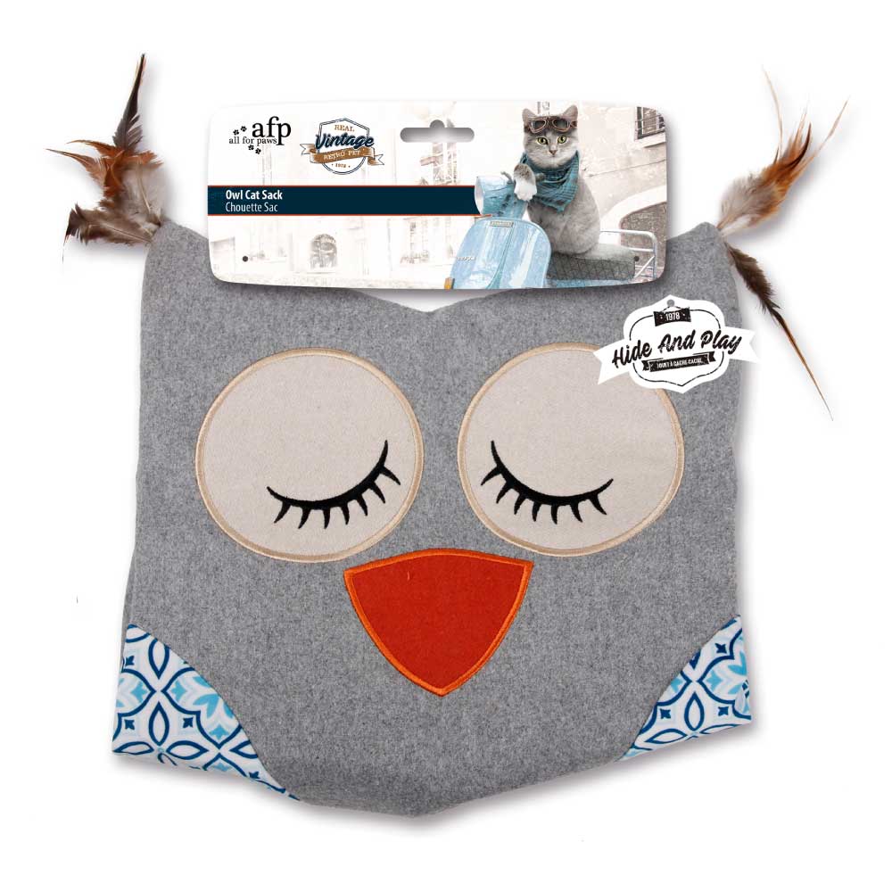 Cat Sack Crinkle Toys - Grey Owl + Hide Play Bag Teaser Vintage All For Paws-0