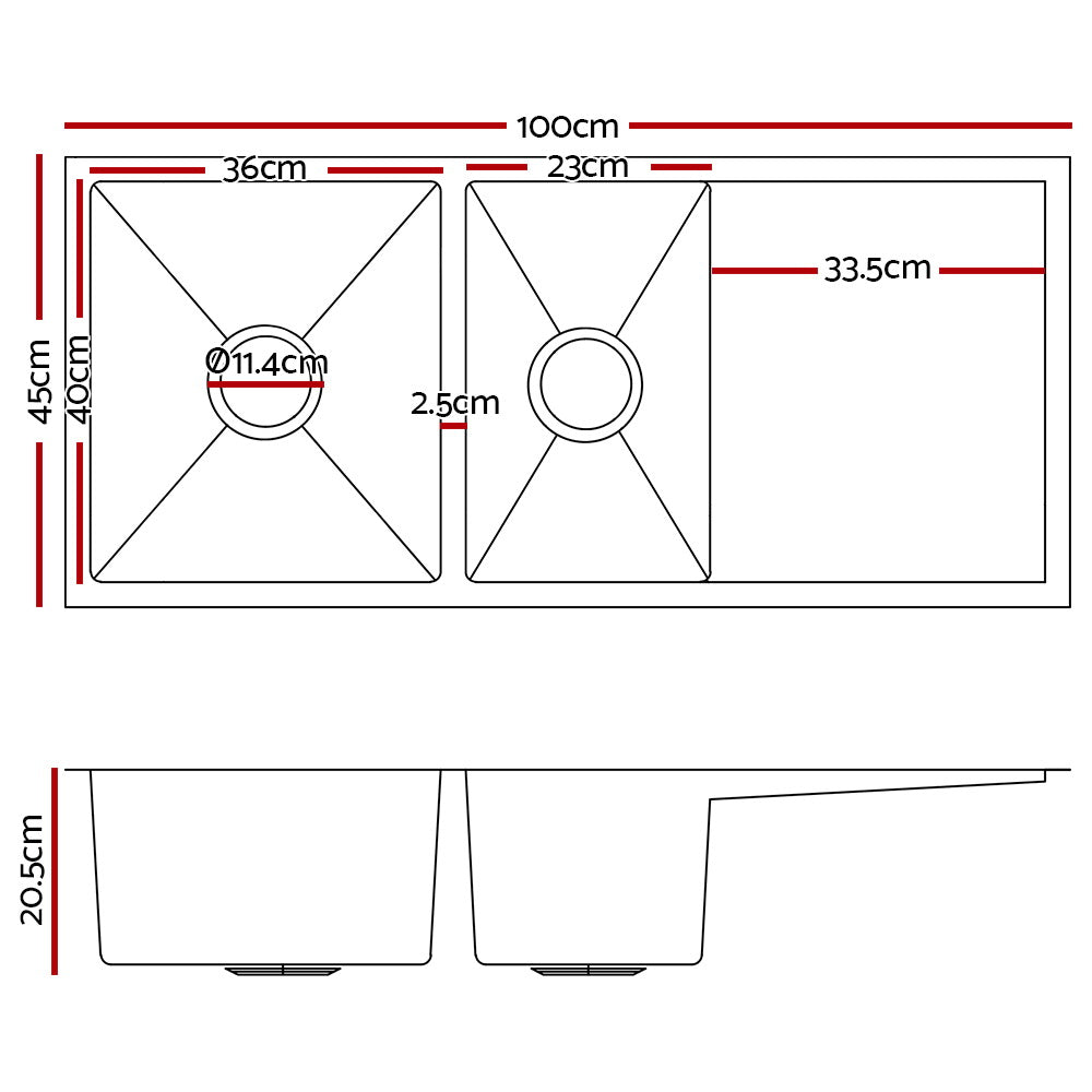 Cefito 100cm x 45cm Stainless Steel Kitchen Sink Under/Top/Flush Mount Black-1