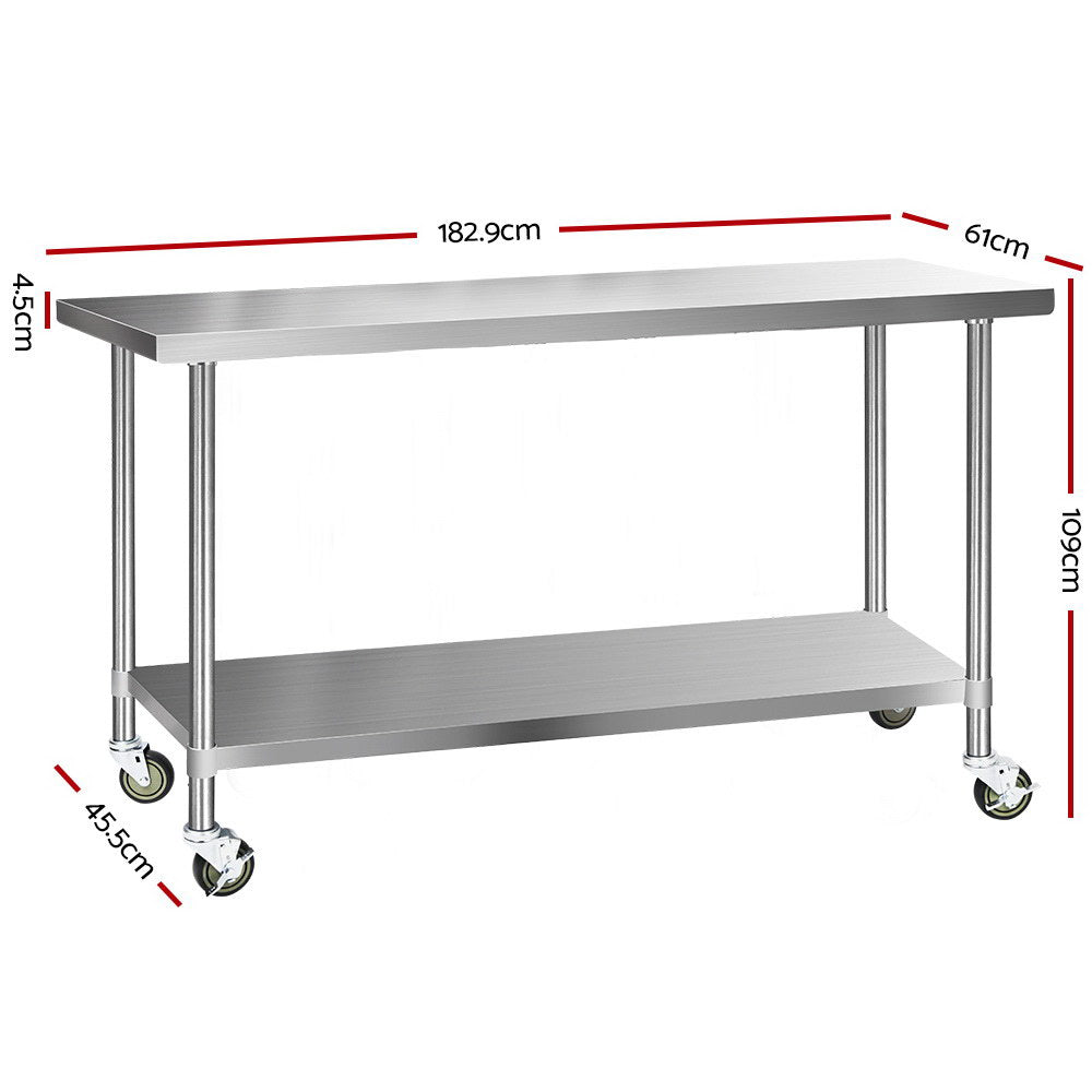 Cefito 430 Stainless Steel Kitchen Benches Work Bench Food Prep Table with Wheels 1829MM x 610MM-1