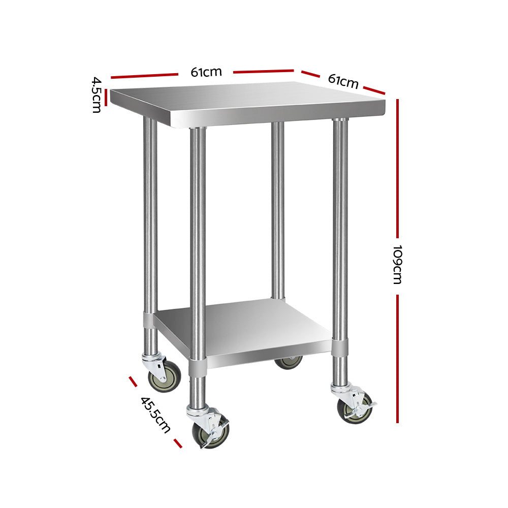 Cefito 430 Stainless Steel Kitchen Benches Work Bench Food Prep Table with Wheels 610MM x 610MM-1