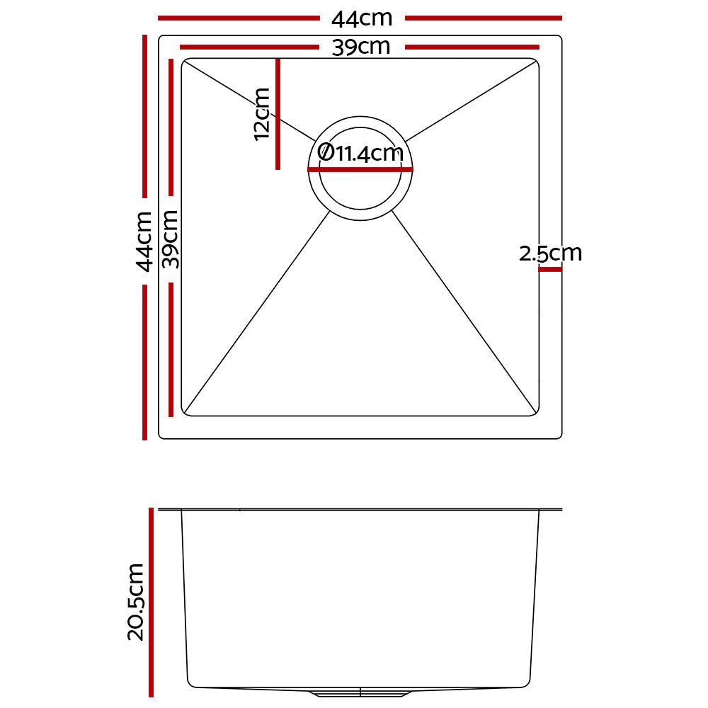 Cefito 44cm x 44cm Stainless Steel Kitchen Sink Under/Top/Flush Mount Black-1