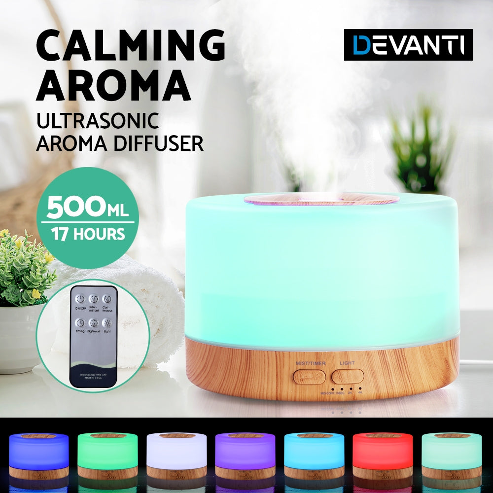 DEVANTI Aroma Diffuser Aromatherapy LED Night Light Air Humidifier Purifier Round Light Wood Grain 500ml Remote Control-3