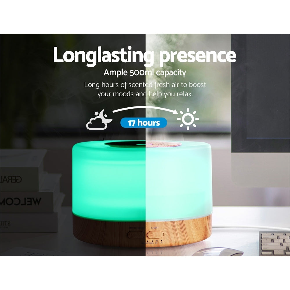 DEVANTI Aroma Diffuser Aromatherapy LED Night Light Air Humidifier Purifier Round Light Wood Grain 500ml Remote Control-4