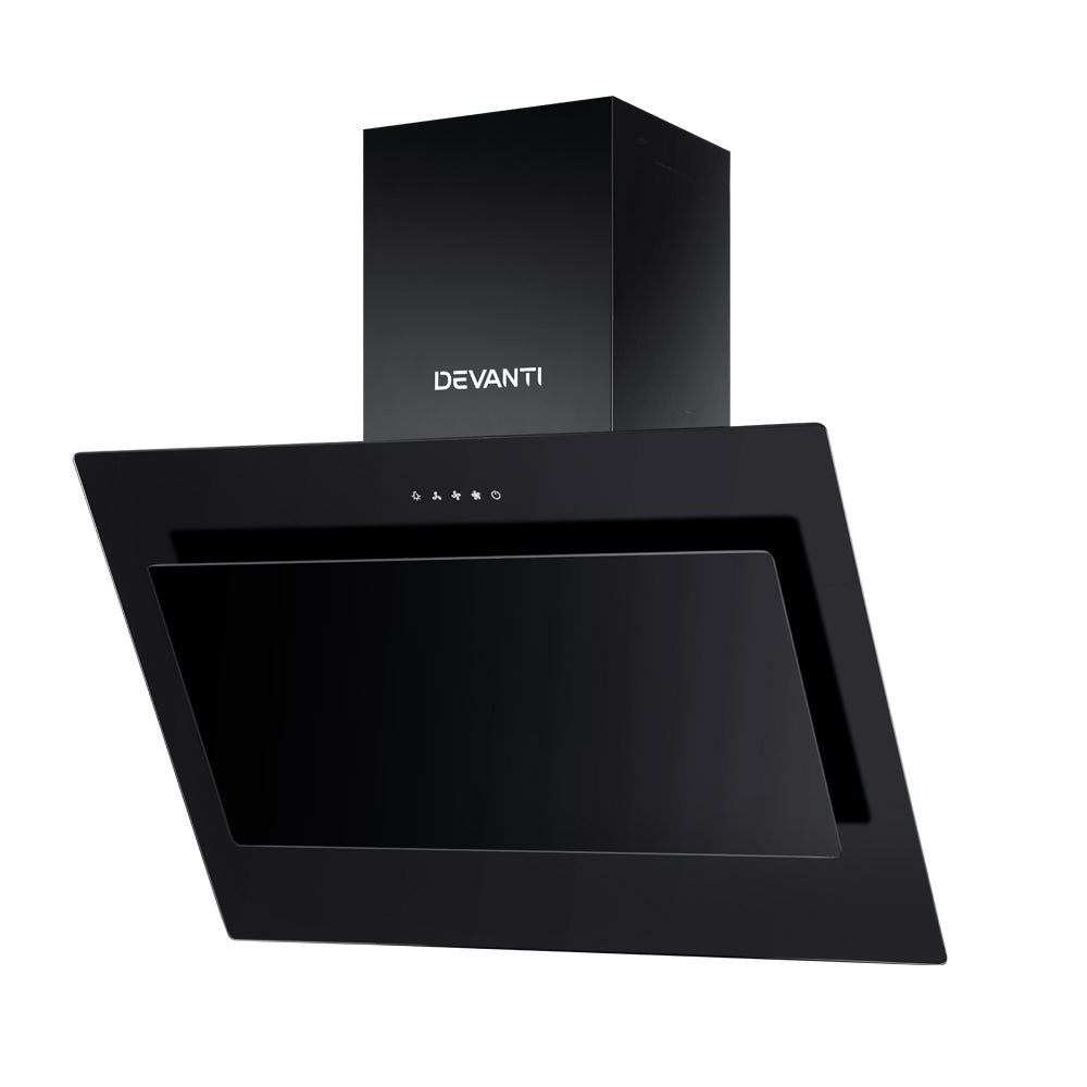 DEVANTI Rangehood 900mm Black Angled Side Draft Range Hood Canopy Glass 90cm-0