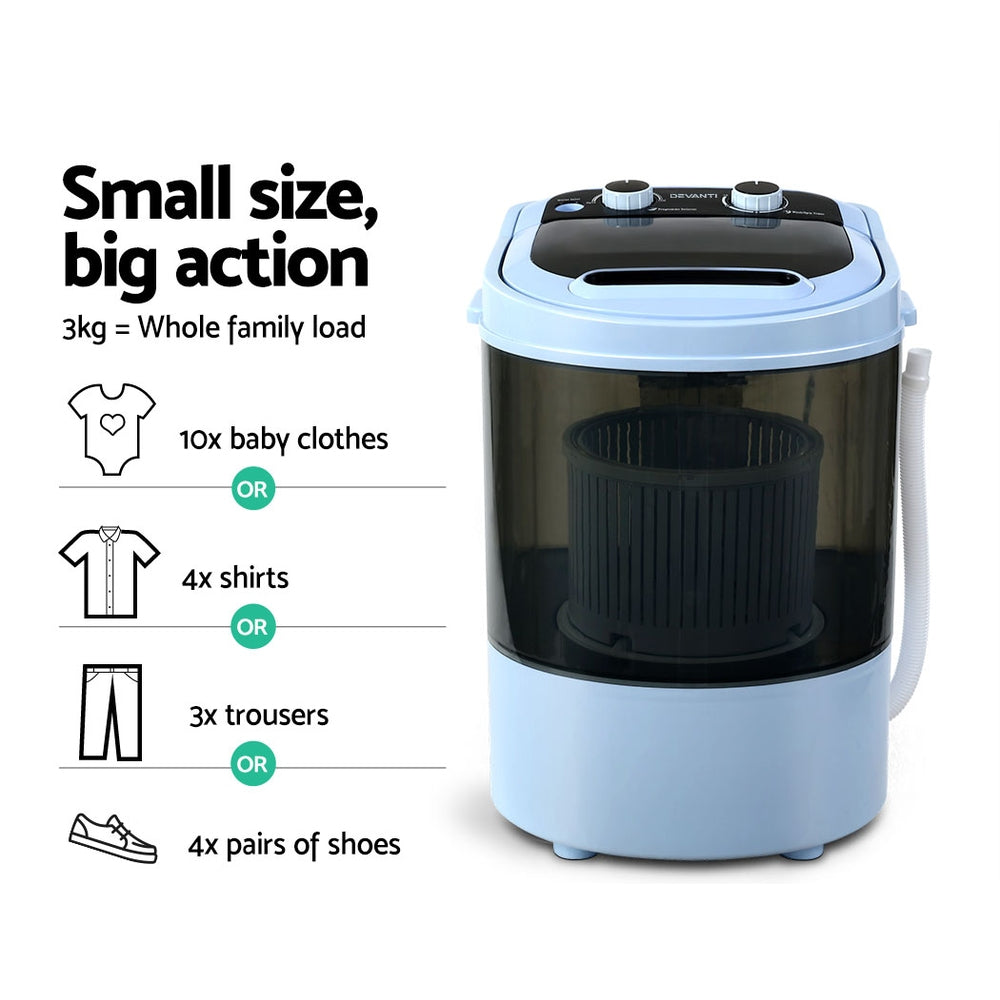 Devanti 3KG Mini Portable Washing Machine Shoes Wash Top Load Spin Camp Caravan-4