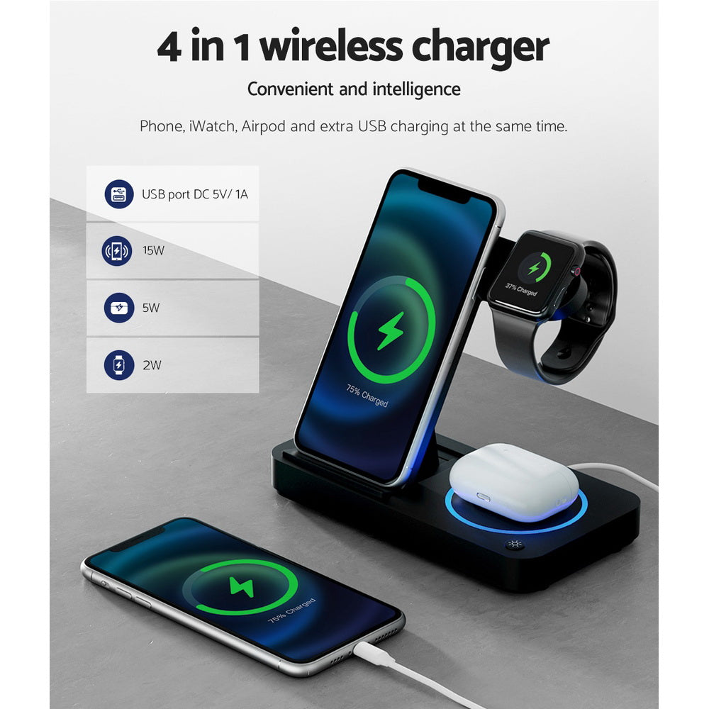 Devanti 4-in-1 Wireless Charger Station Fast Charging for Phone Black-4