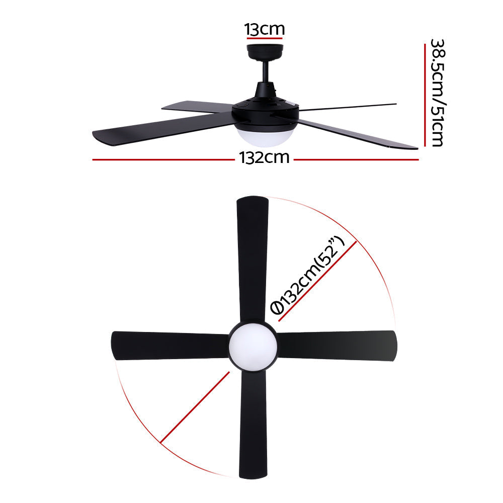 Devanti 52'' Ceiling Fan w/Light w/Remote Timer - Black-1