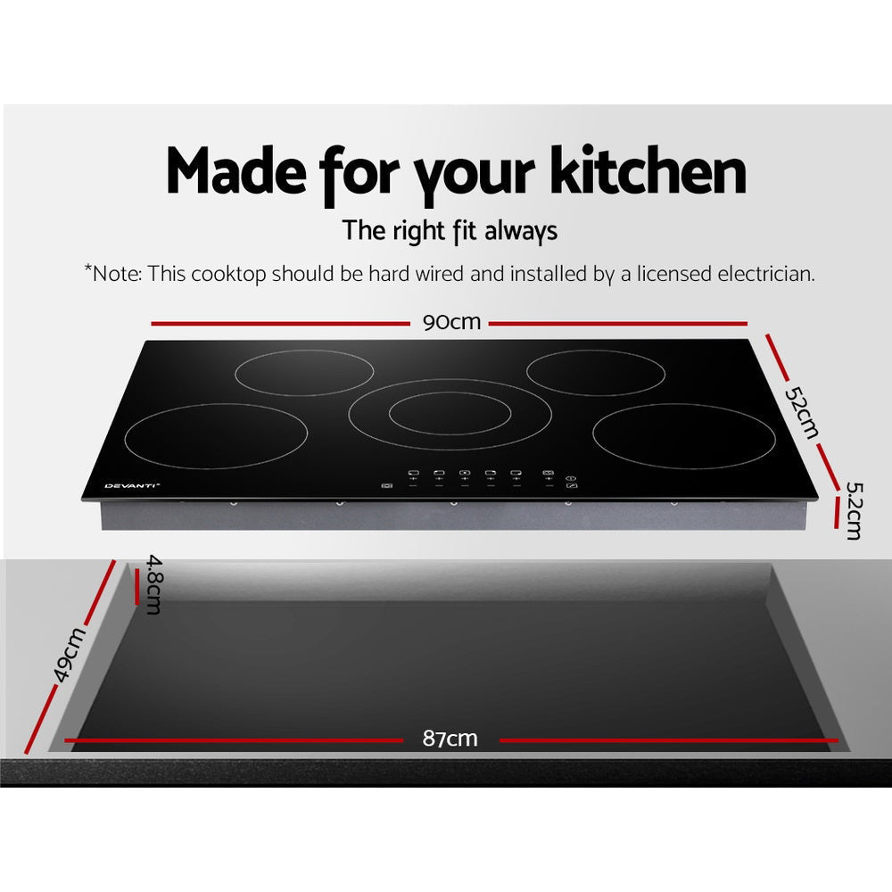 Devanti 90cm Ceramic Cooktop Electric Cook Top 5 Burner Stove Hob Touch Control 6-Zones-1