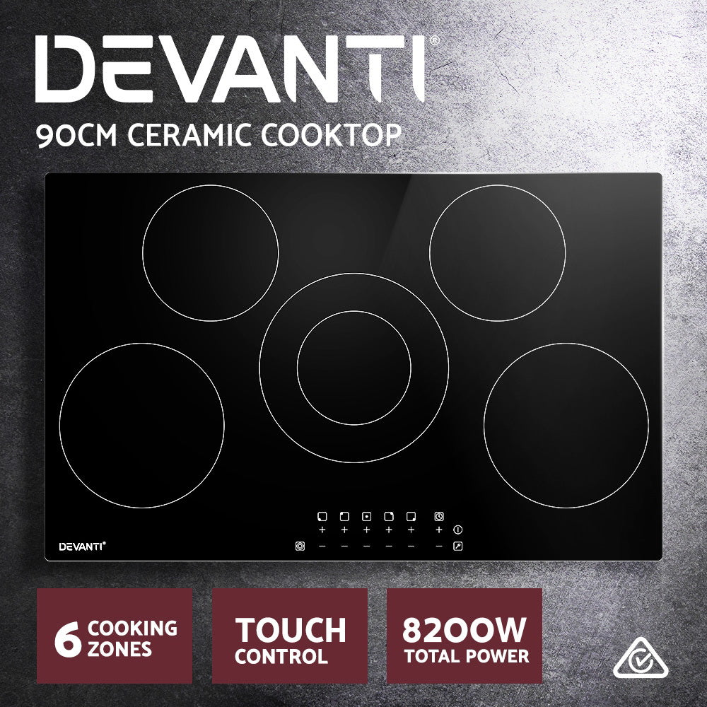 Devanti 90cm Ceramic Cooktop Electric Cook Top 5 Burner Stove Hob Touch Control 6-Zones-2