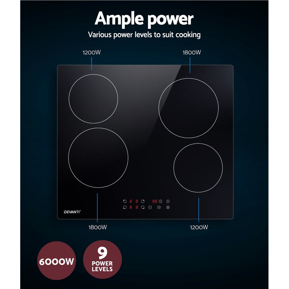 Devanti Ceramic Cooktop 60cm Electric Cooker 4 Burner Stove Hob Touch Control-4