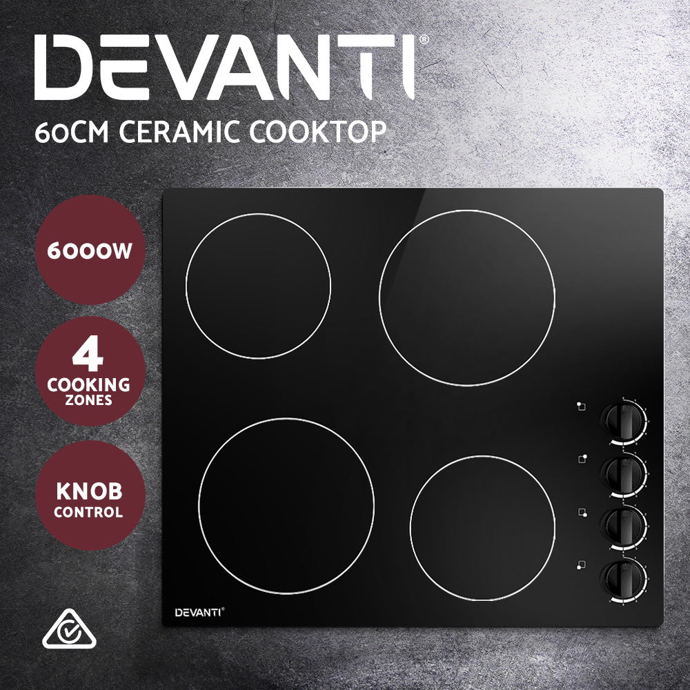 Devanti Ceramic Cooktop 60cm Electric Kitchen Burner Cooker 4 Zone Knobs Control-3