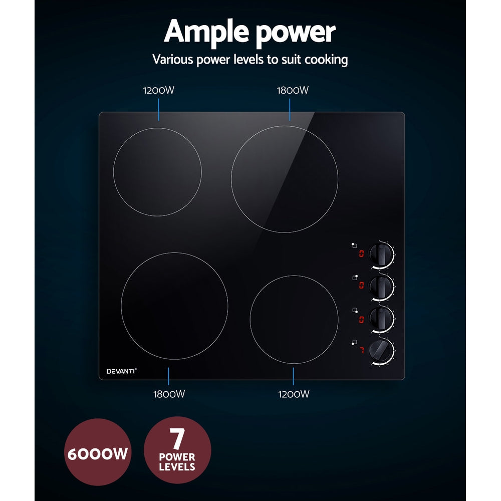 Devanti Ceramic Cooktop 60cm Electric Kitchen Burner Cooker 4 Zone Knobs Control-4