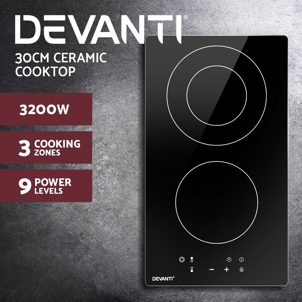 Devanti Electric Ceramic Cooktop 30cm Kitchen Cooker Cook Top Hob Touch Control 3-Zones-2