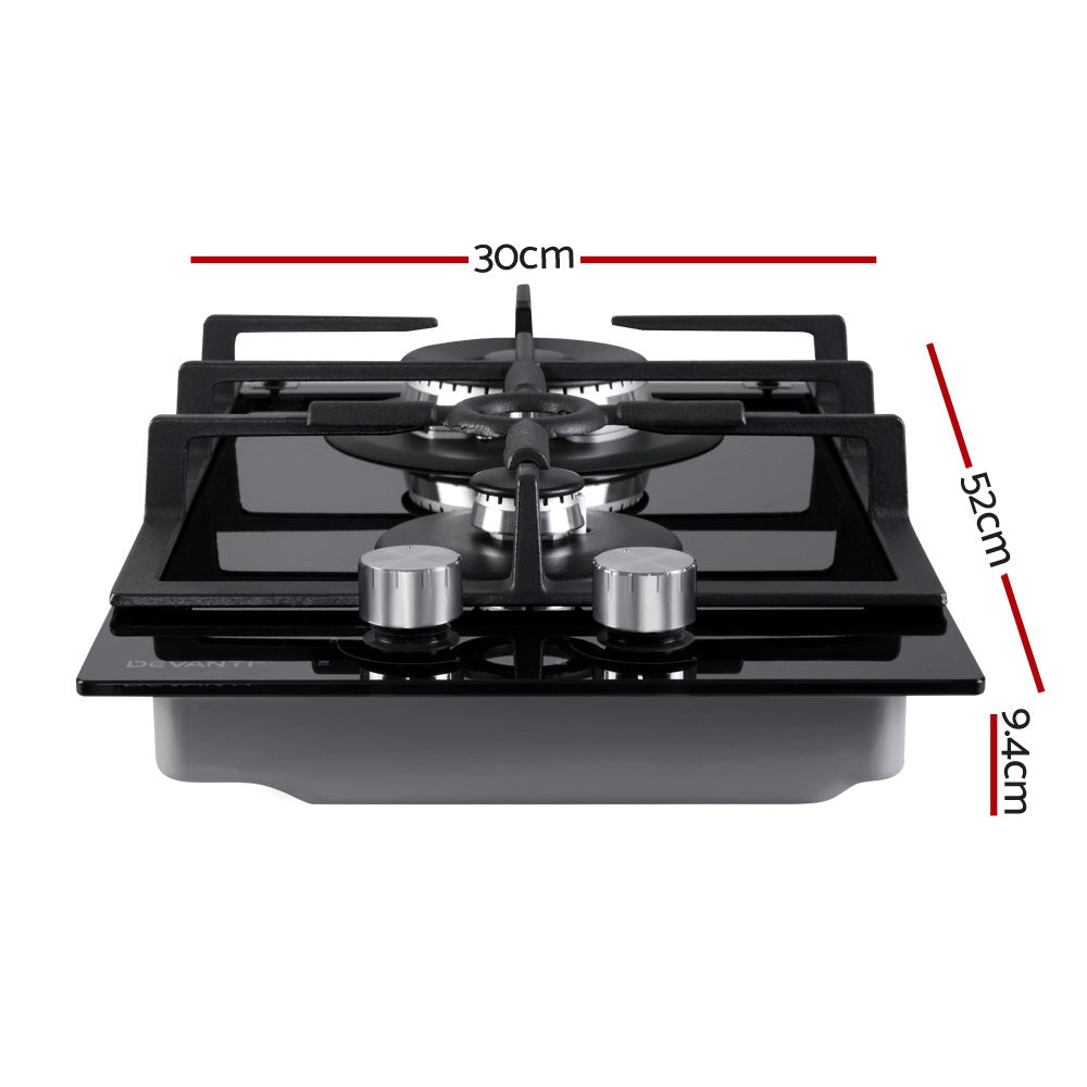 Devanti Gas Cooktop 30cm Gas Stove Cooker 2 Burner Cook Top Konbs NG LPG Black-1