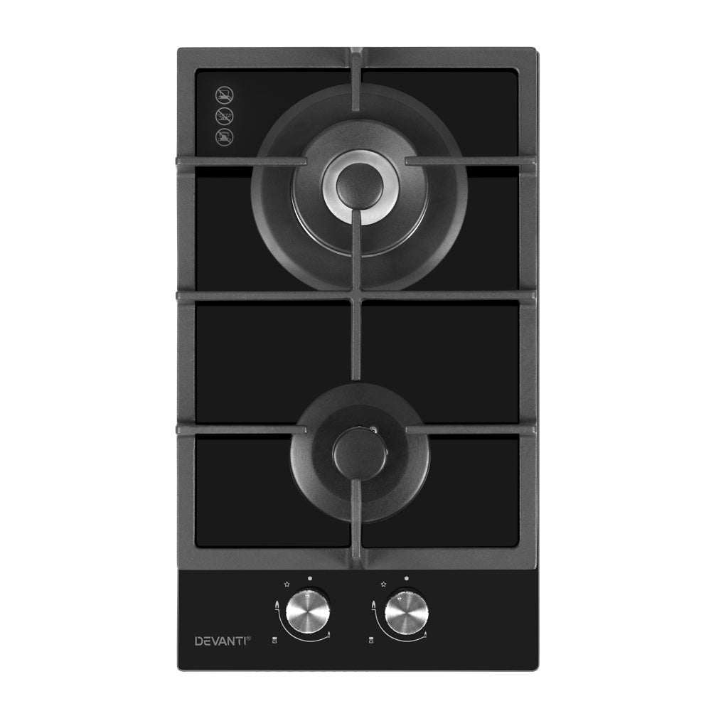 Devanti Gas Cooktop 30cm Gas Stove Cooker 2 Burner Cook Top Konbs NG LPG Black-0