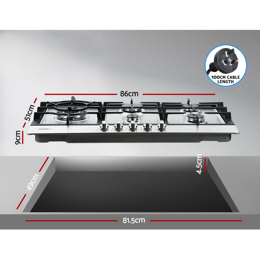 Devanti Gas Cooktop 90cm Kitchen Stove Cooker 5 Burner Stainless Steel NG/LPG Silver-1