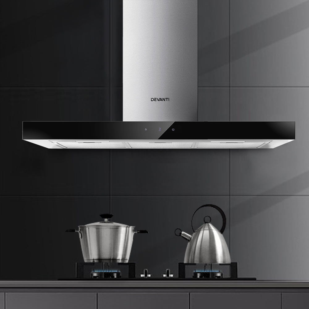 Devanti Range Hood 900mm Rangehood 90cm Stainless Steel Glass Kitchen Canopy Black-6