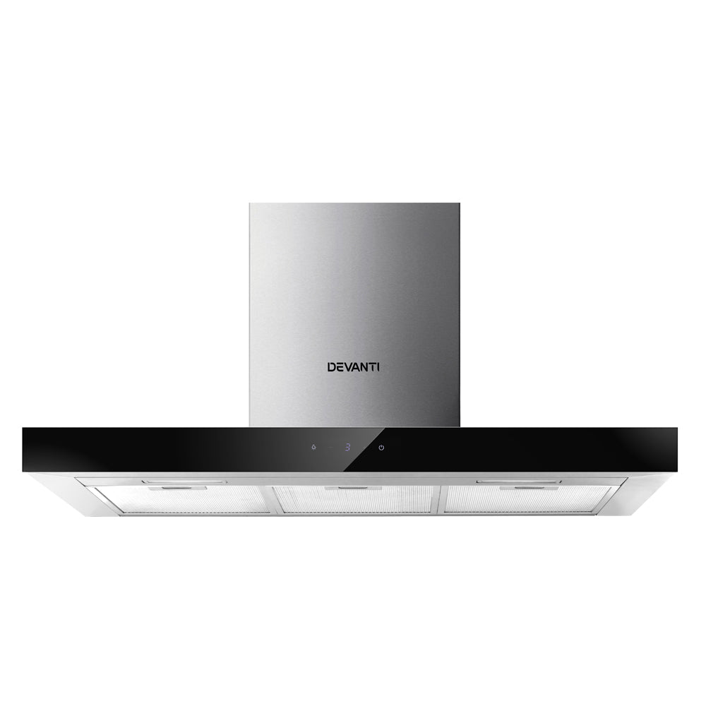 Devanti Range Hood 900mm Rangehood 90cm Stainless Steel Glass Kitchen Canopy Black-0