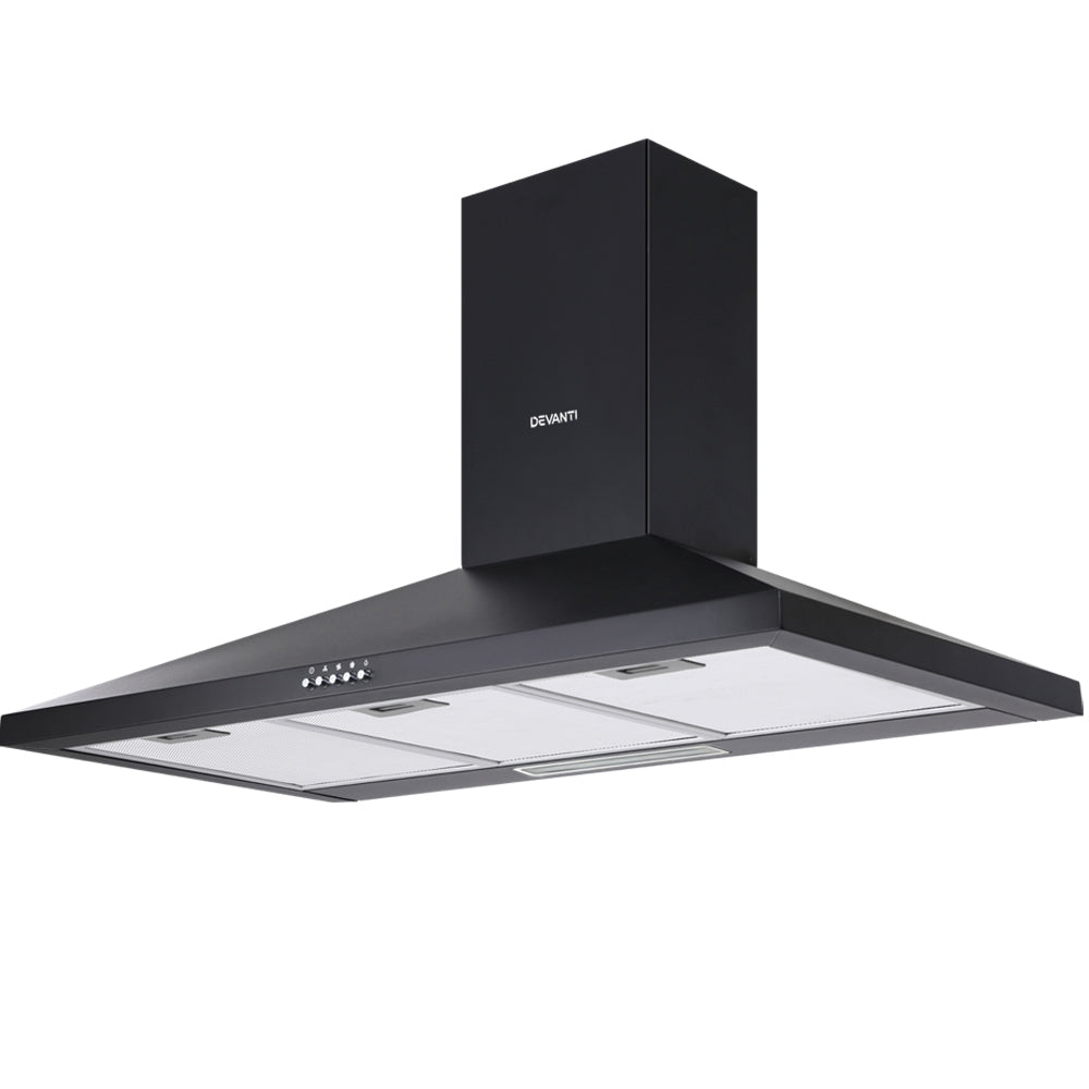 Devanti Range Hood Rangehood 90cm 900mm Kitchen Canopy LED Light Wall Mount Black-0