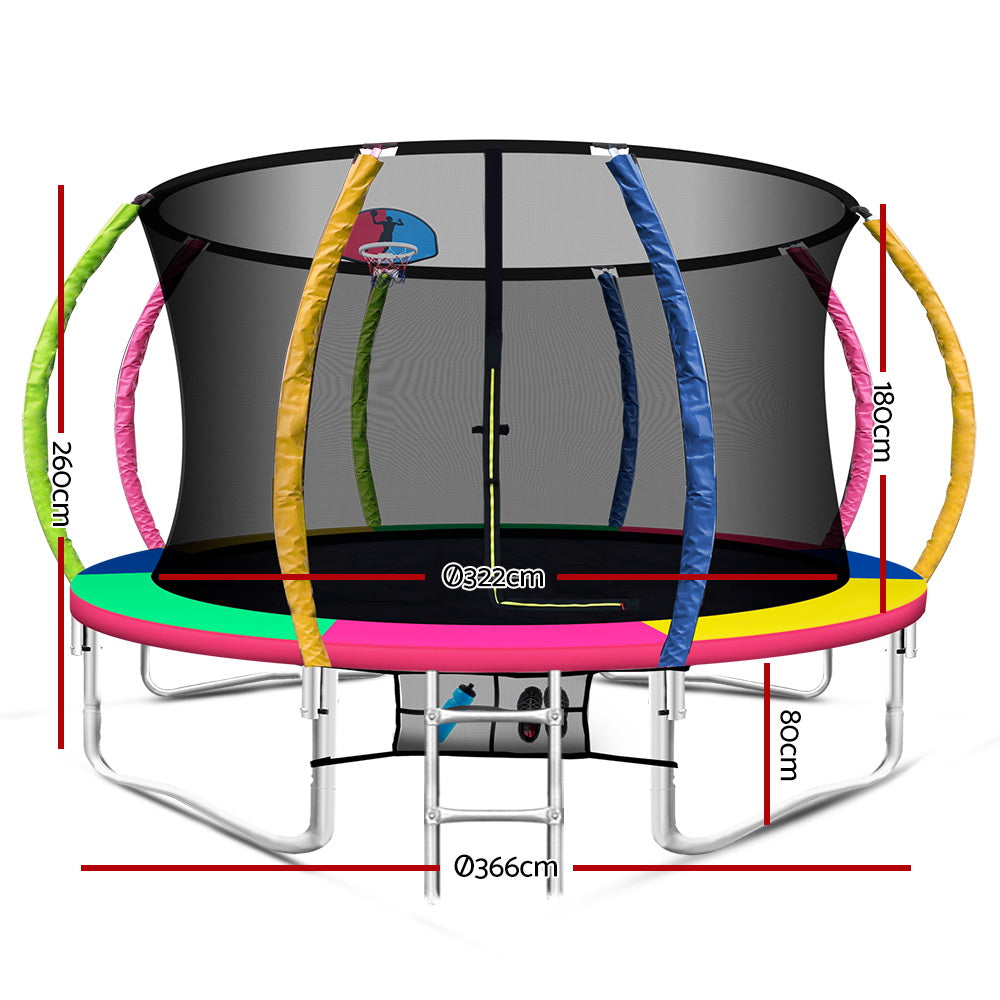 Everfit 12FT Trampoline Round Trampolines With Basketball Hoop Kids Present Gift Enclosure Safety Net Pad Outdoor Multi-coloured-1