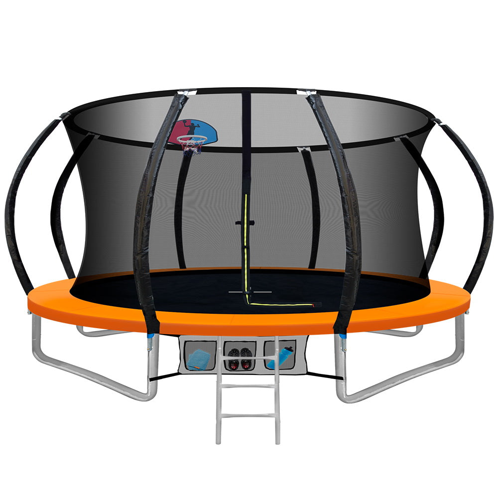 Everfit 12FT Trampoline Round Trampolines With Basketball Hoop Kids Present Gift Enclosure Safety Net Pad Outdoor Orange-0