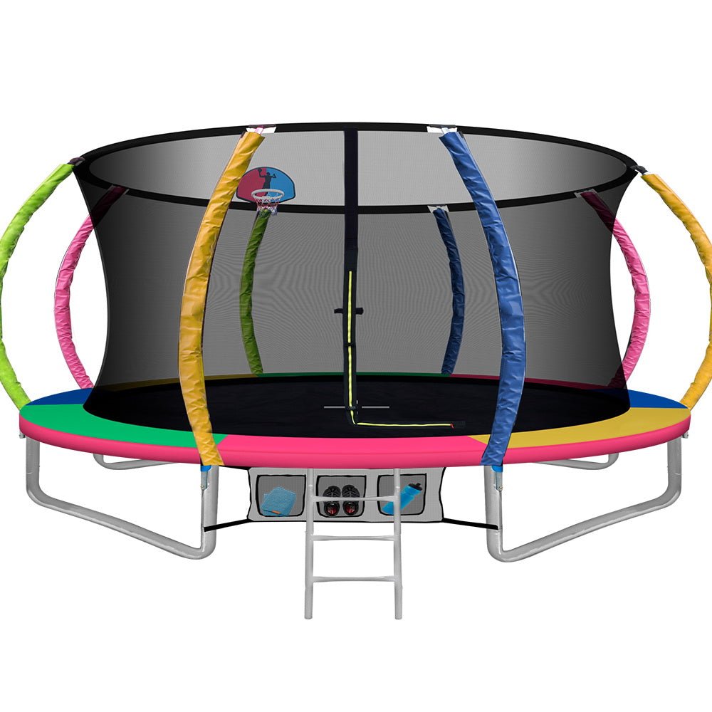 Everfit 14FT Trampoline Round Trampolines With Basketball Hoop Kids Present Gift Enclosure Safety Net Pad Outdoor Multi-coloured-0