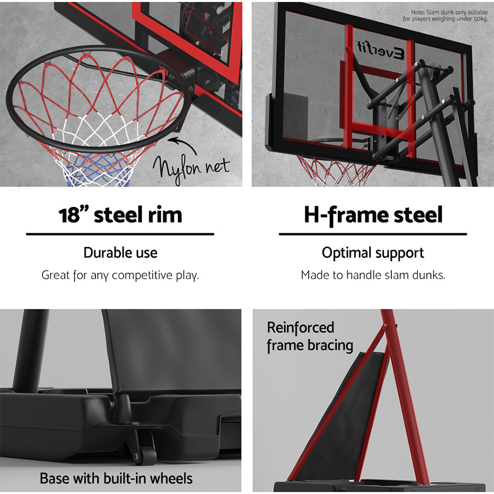 Everfit Portable Basketball Hoop Stand System Height Adjustable Net Ring Red-4