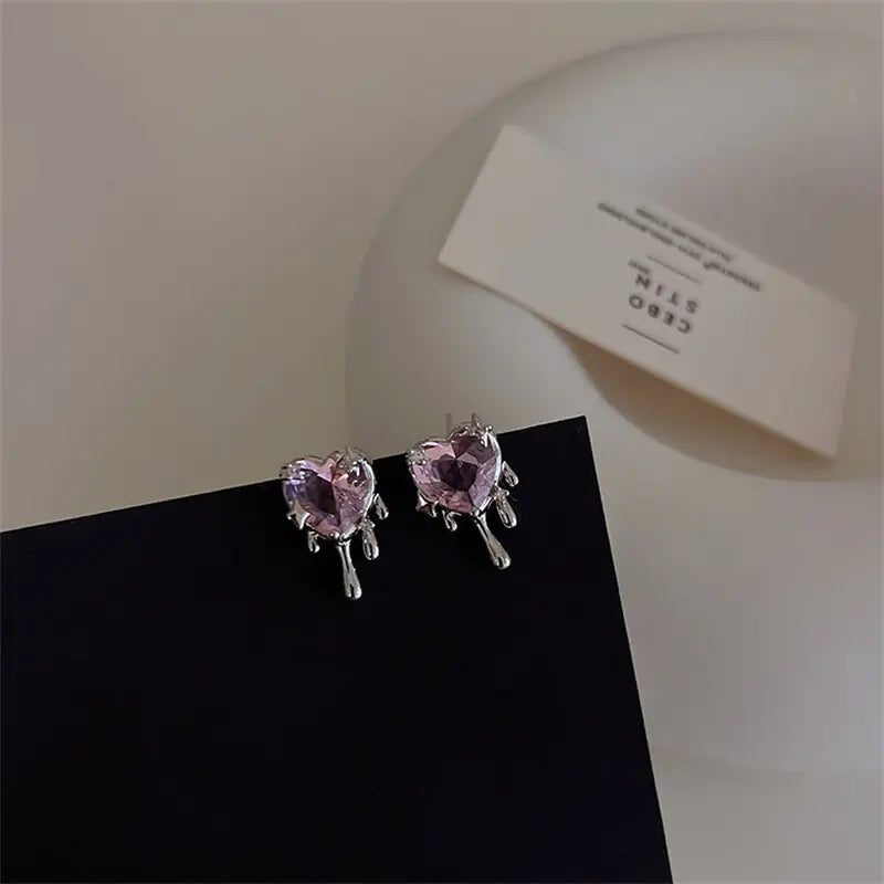 Pink Crystal Heart Aesthetic Earrings