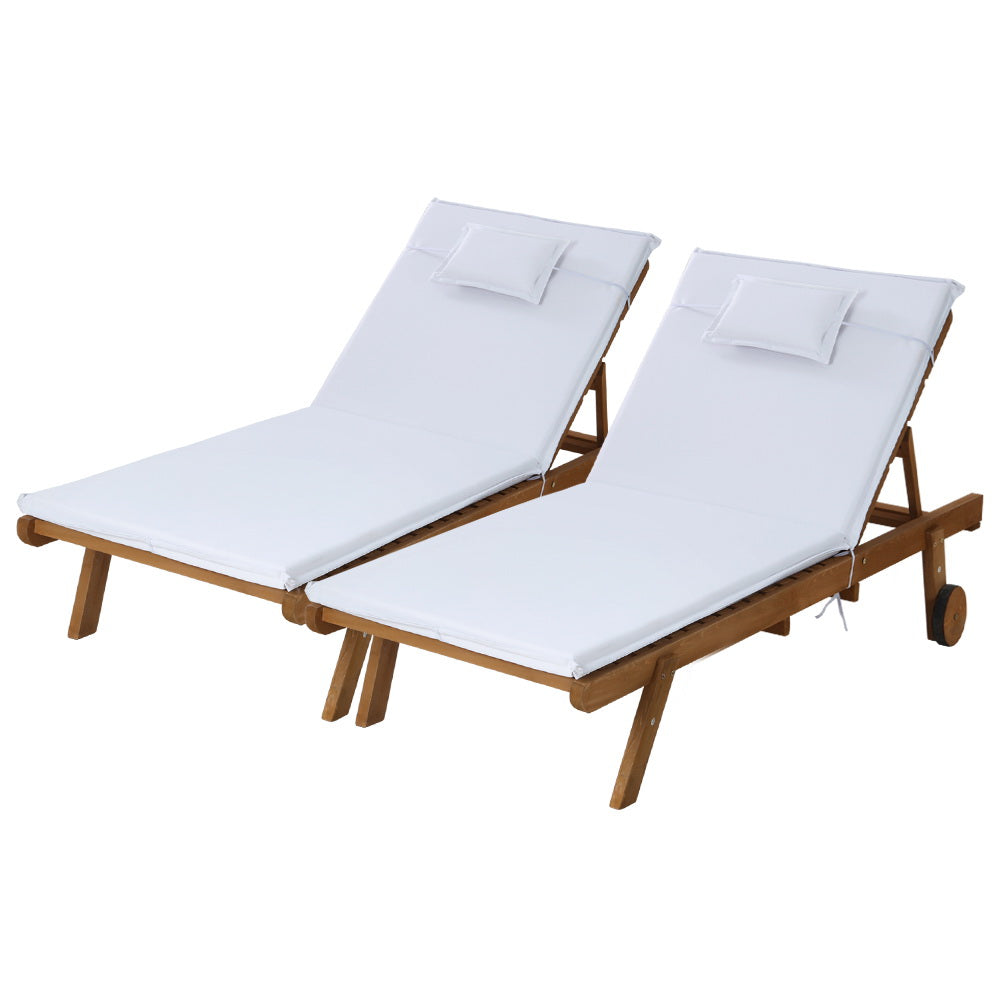 Gardeon 2pc Sun Lounge Wooden Lounger Outdoor Furniture Day Bed Wheel Patio White-0