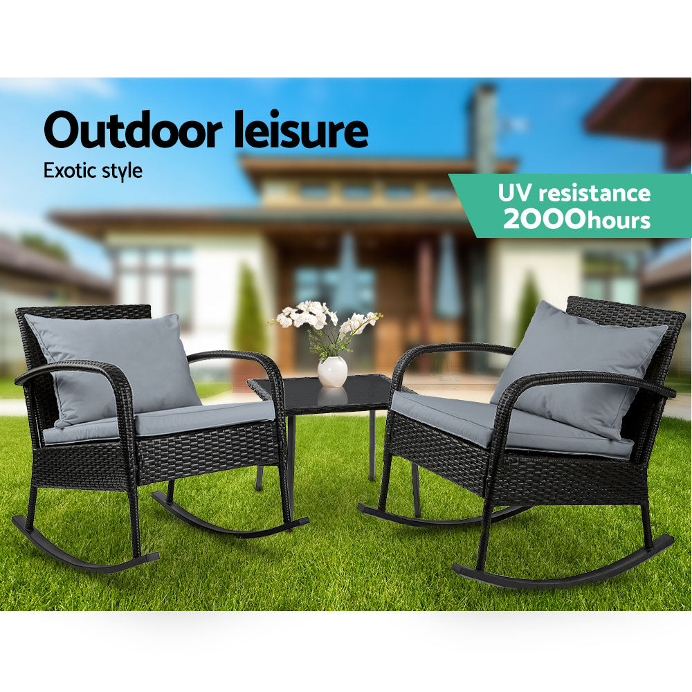 Gardeon 3 Piece Outdoor Chair Rocking Set - Black-4