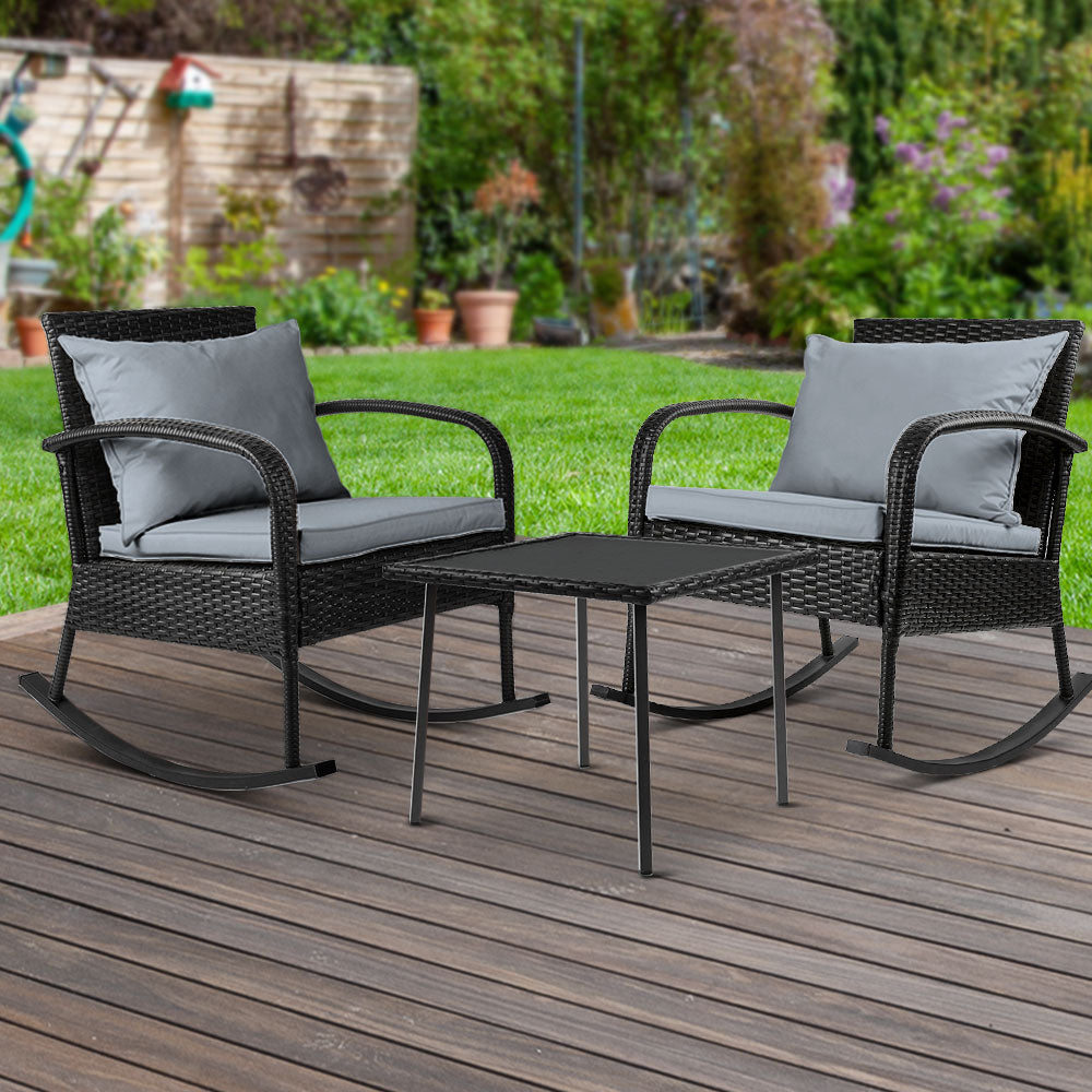 Gardeon 3 Piece Outdoor Chair Rocking Set - Black-7