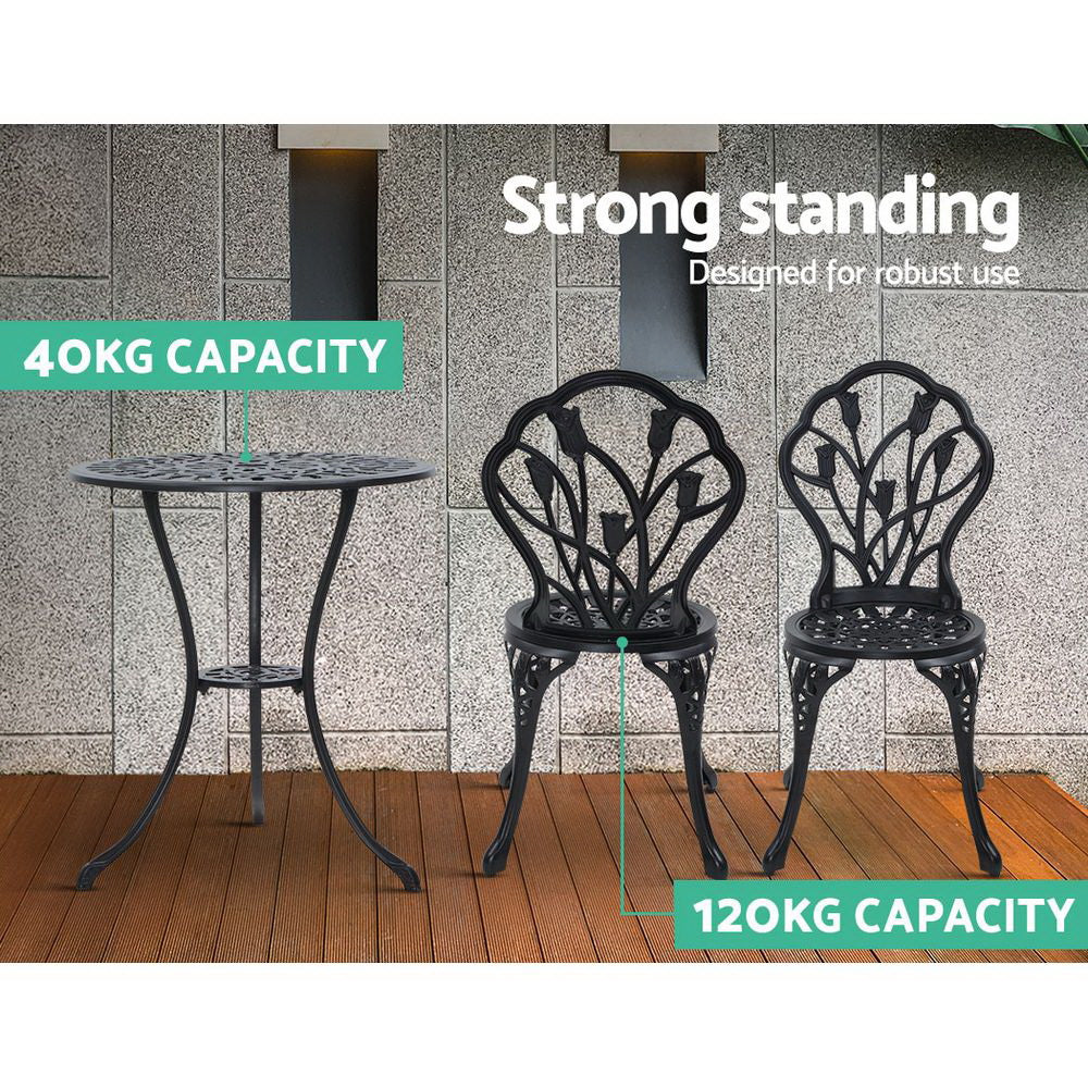 Gardeon 3PC Outdoor Setting Cast Aluminium Bistro Table Chair Patio Black-9