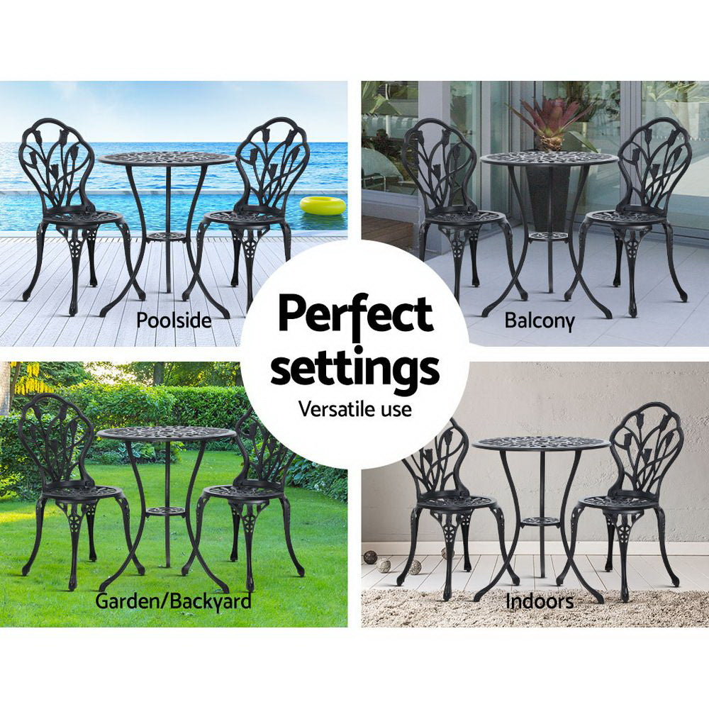 Gardeon 3PC Outdoor Setting Cast Aluminium Bistro Table Chair Patio Black-11