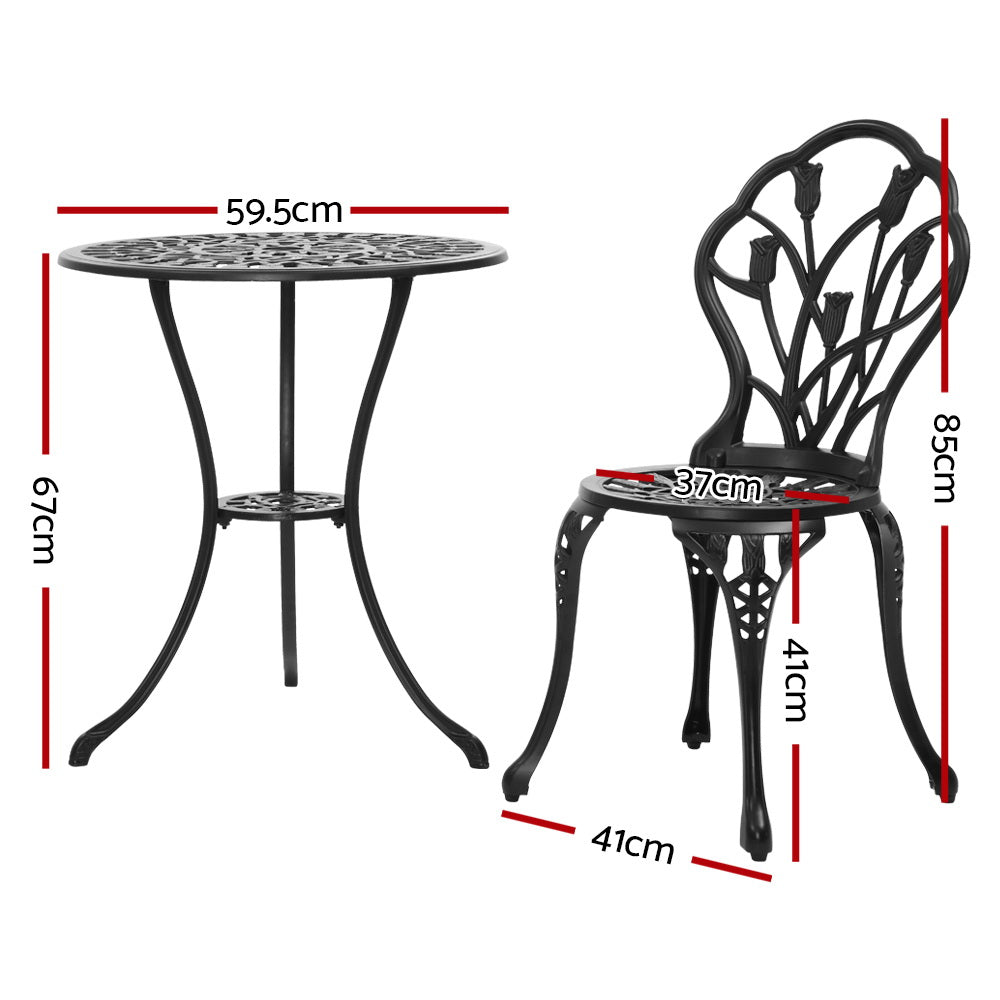 Gardeon 3PC Outdoor Setting Cast Aluminium Bistro Table Chair Patio Black-1